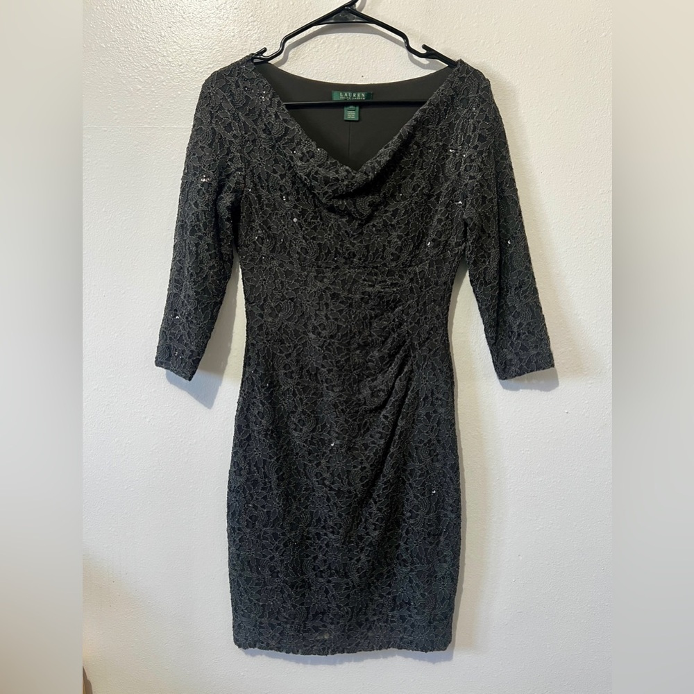 Ralph Lauren Charcoal Sequin Beaded Lace Dress - Size 6P - Picture 5 of 10